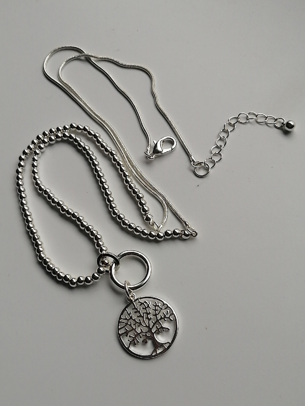 Extra Long Silvertone Tree of Life Pendant Balls Chain Necklace